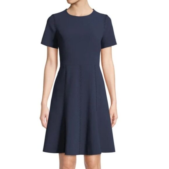 Kobi Halperin Cheyenne Jewel Neck A-Line Short‎ Sleeve Dress Navy Blue Medium - Picture 1 of 10